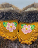Pink floral moccasins. with beaver fur trim. Moccasins.