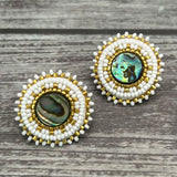 Handmade drop earrings with abalone shell button, seed beads, 24kt gold beads, hide backing, and 925 silver studs, 1 inch long.
