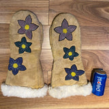 Mitten kits include the following  - Pattern  - Liner  - Hide   -Strip of Beaver Fur  - Beading thread  - Sinew  - Glover, Beading and Plain Needles  - 2 pieces of Beading Foundation  - 2 index Cards  - 10 small bags of seed beads