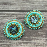 Handmade drop earrings with abalone shell button, seed beads, 24kt gold beads, hide backing, and 925 silver studs, 1 inch long.